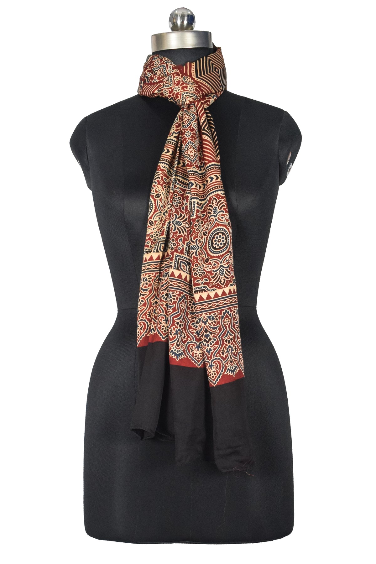 Ajrakh Modal Silk Natural Dye Three Colour Print | 3 Kam | Screen Print Hand Printed Stole  - 2.1 Mtr Length   -  SKU : JH12A01A