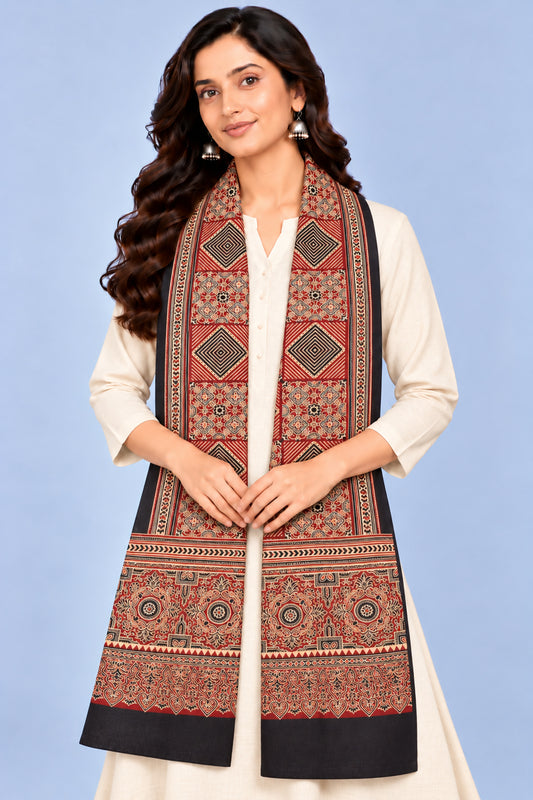 Ajrakh Modal Silk Natural Dye Three Colour Print | 3 Kam | Screen Print Hand Printed Stole  - 2.1 Mtr Length   -  SKU : JH12A01A