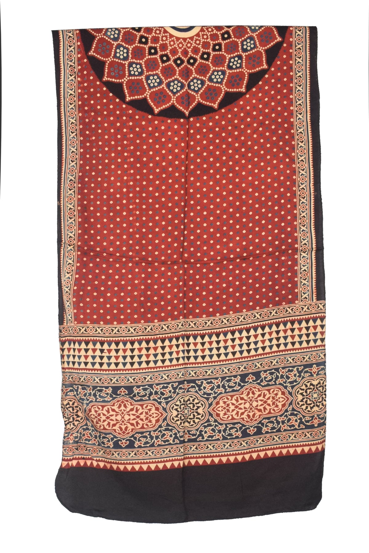 Ajrakh Modal Silk Natural Dye Three Colour Print | 3 Kam | Screen Print Hand Printed Stole  - 2.1 Mtr Length   -  SKU : JH12A01F