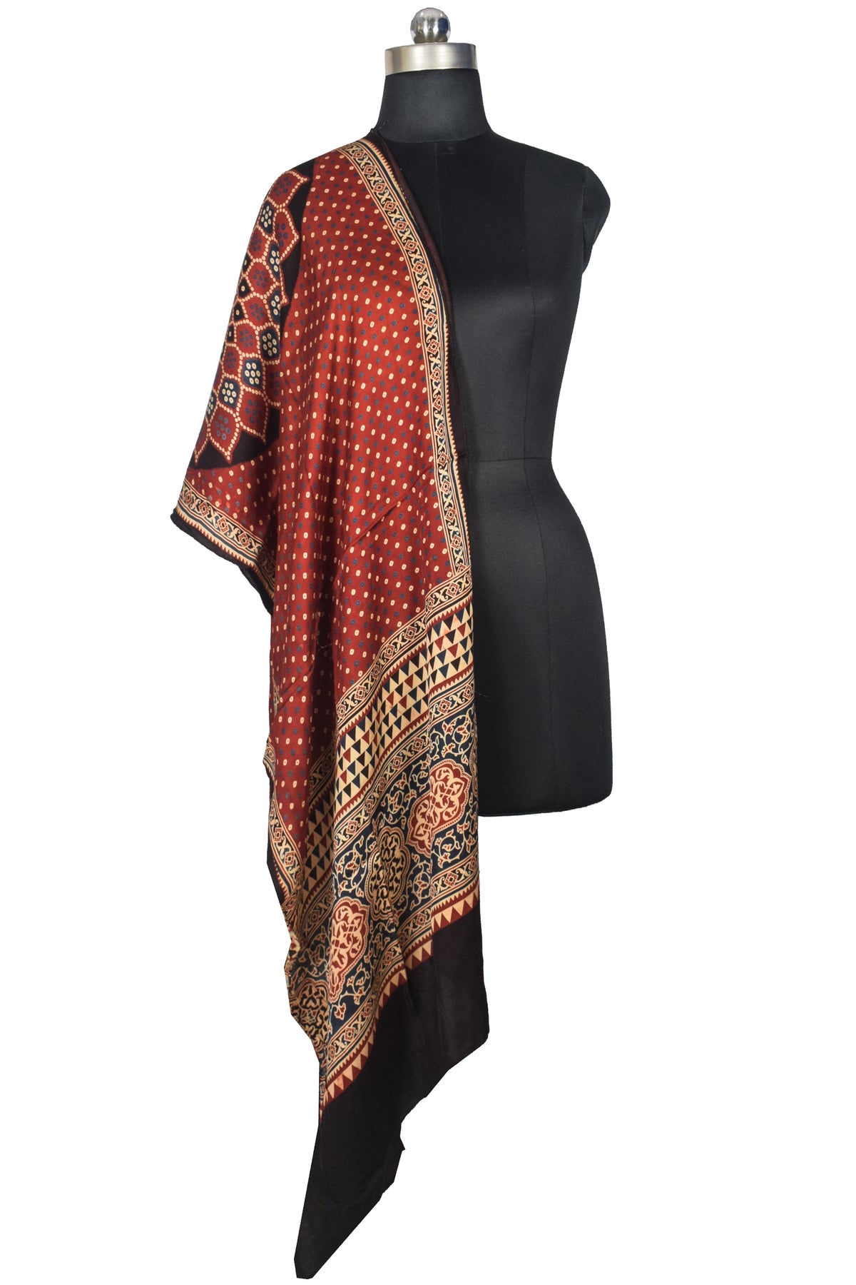 Ajrakh Modal Silk Natural Dye Three Colour Print | 3 Kam | Screen Print Hand Printed Stole  - 2.1 Mtr Length   -  SKU : JH12A01F
