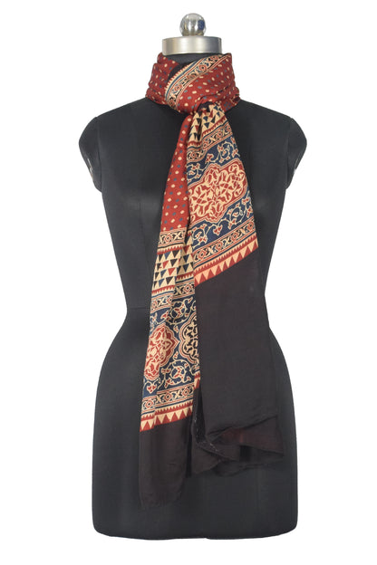 Ajrakh Modal Silk Natural Dye Three Colour Print | 3 Kam | Screen Print Hand Printed Stole  - 2.1 Mtr Length   -  SKU : JH12A01F