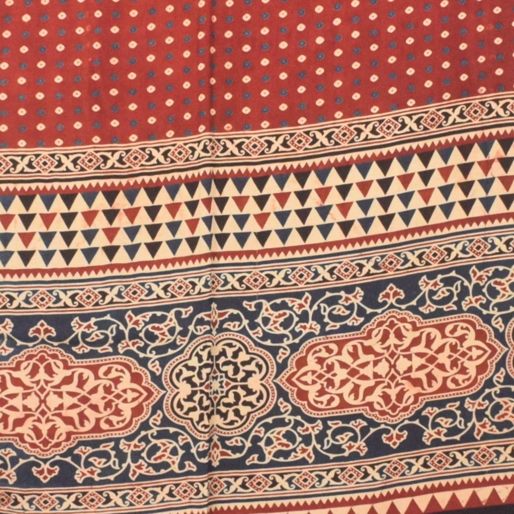 Ajrakh Modal Silk Natural Dye Three Colour Print | 3 Kam | Screen Print Hand Printed Stole  - 2.1 Mtr Length   -  SKU : JH12A01F