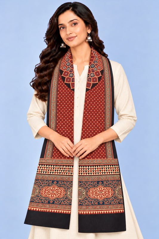 Ajrakh Modal Silk Natural Dye Three Colour Print | 3 Kam | Screen Print Hand Printed Stole  - 2.1 Mtr Length   -  SKU : JH12A01F
