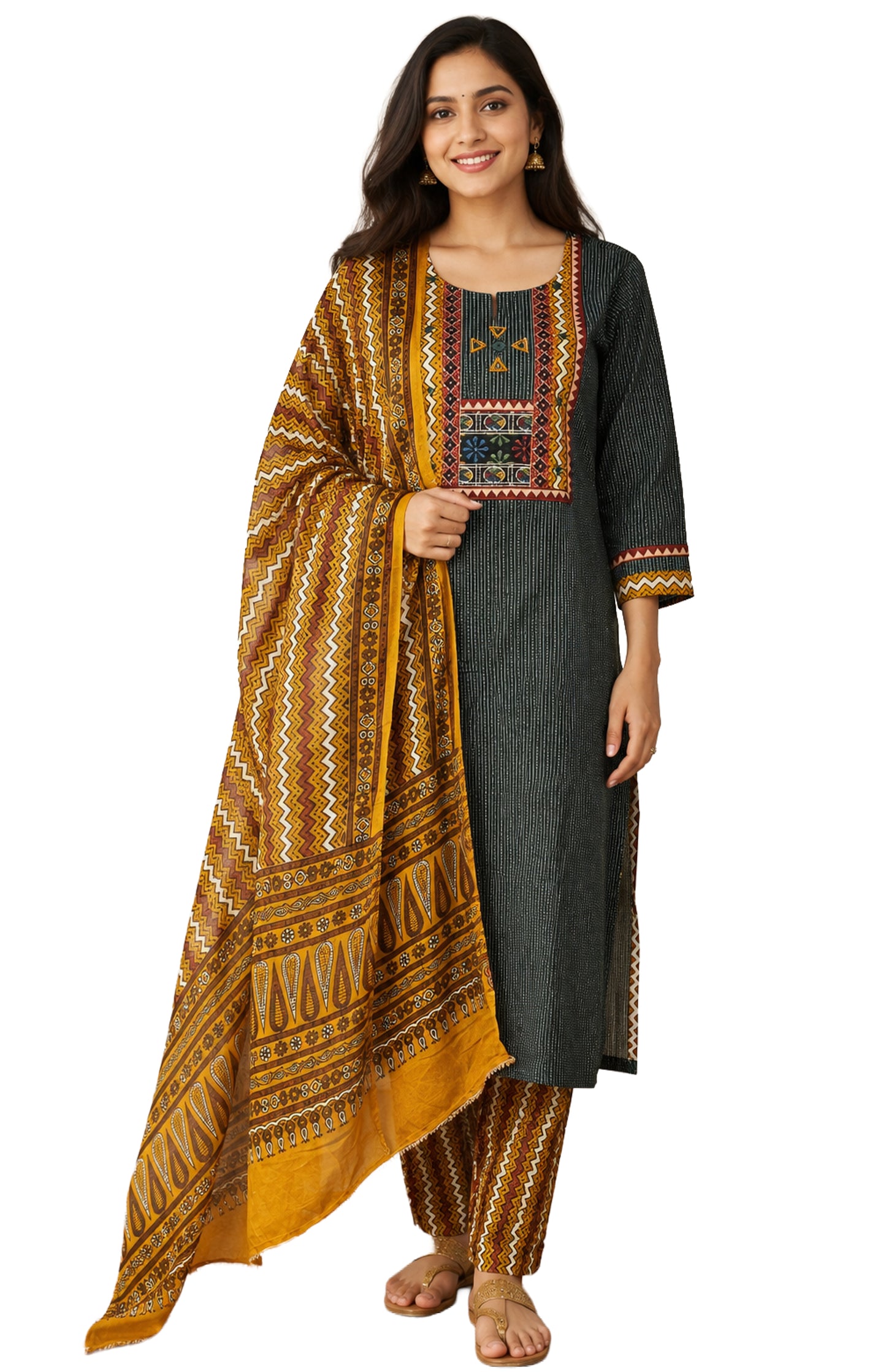 Ajrakh Cotton Part Natural Dye Kantha Work Top with Embroidery Panel Screen Print Hand Printed Stitched Three Piece Suit     -  SKU : ID05302D