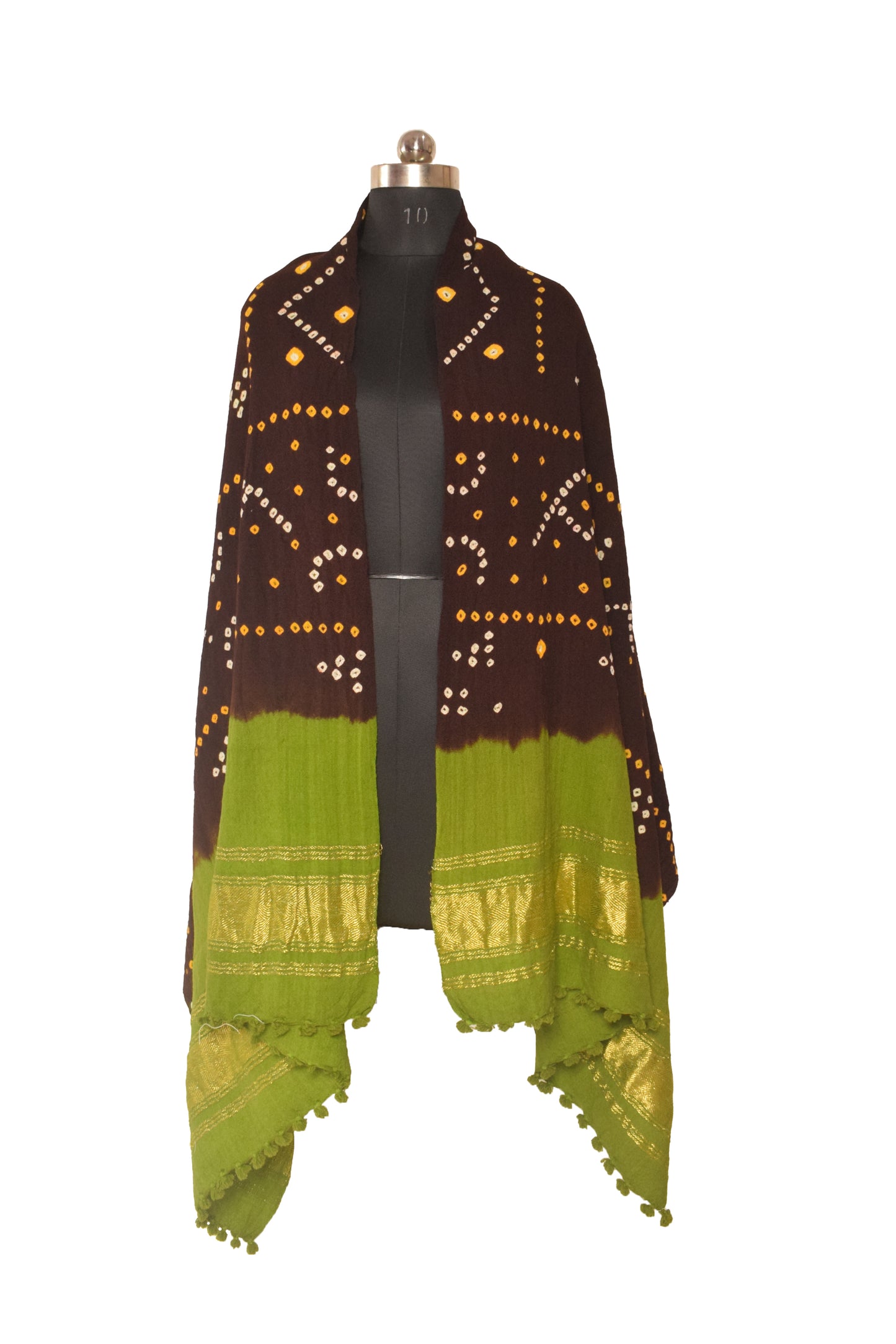 Bandhej ( Tie-Dye) Wool Shawl  with Golden Border & Tassels  - 2.1 Mtr Length    -  SKU : DB27B01A