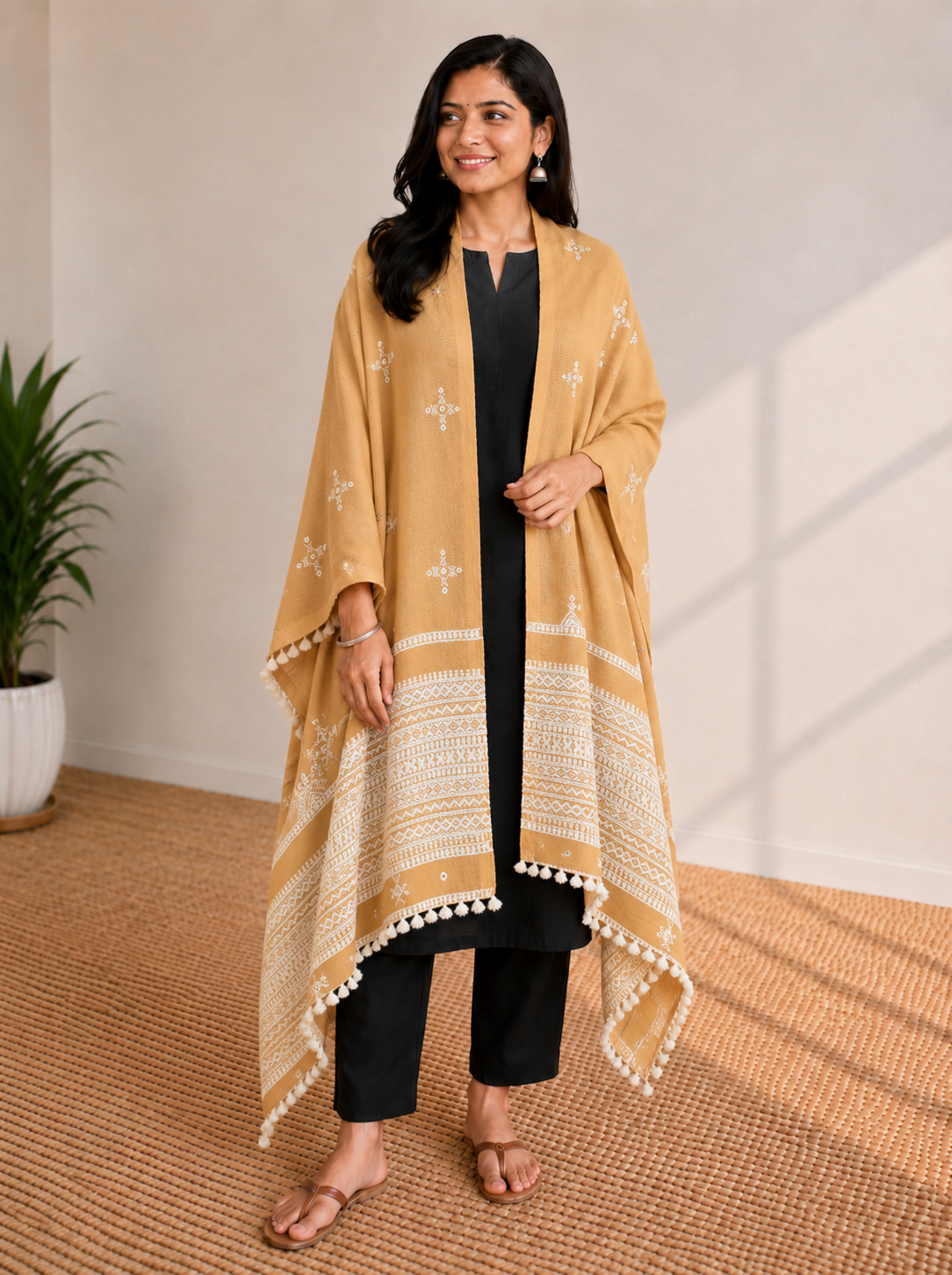 Simple Mirror Work Wool Hand Embroidered Shawl with Tassels - 2.1 Mtr Length   -  SKU : BM17101A
