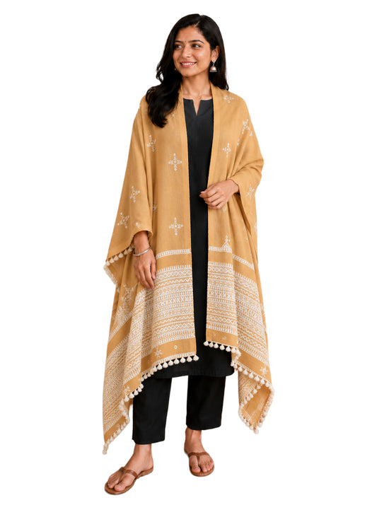 Simple Mirror Work Wool Hand Embroidered Shawl with Tassels - 2.1 Mtr Length   -  SKU : BM17101A