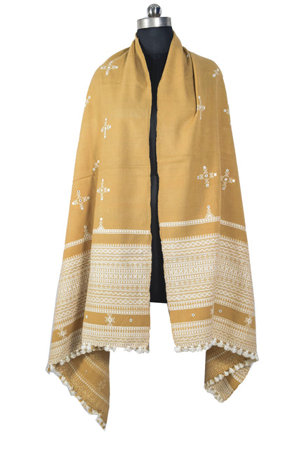 Simple Mirror Work Wool Hand Embroidered Shawl with Tassels - 2.1 Mtr Length   -  SKU : BM17101A