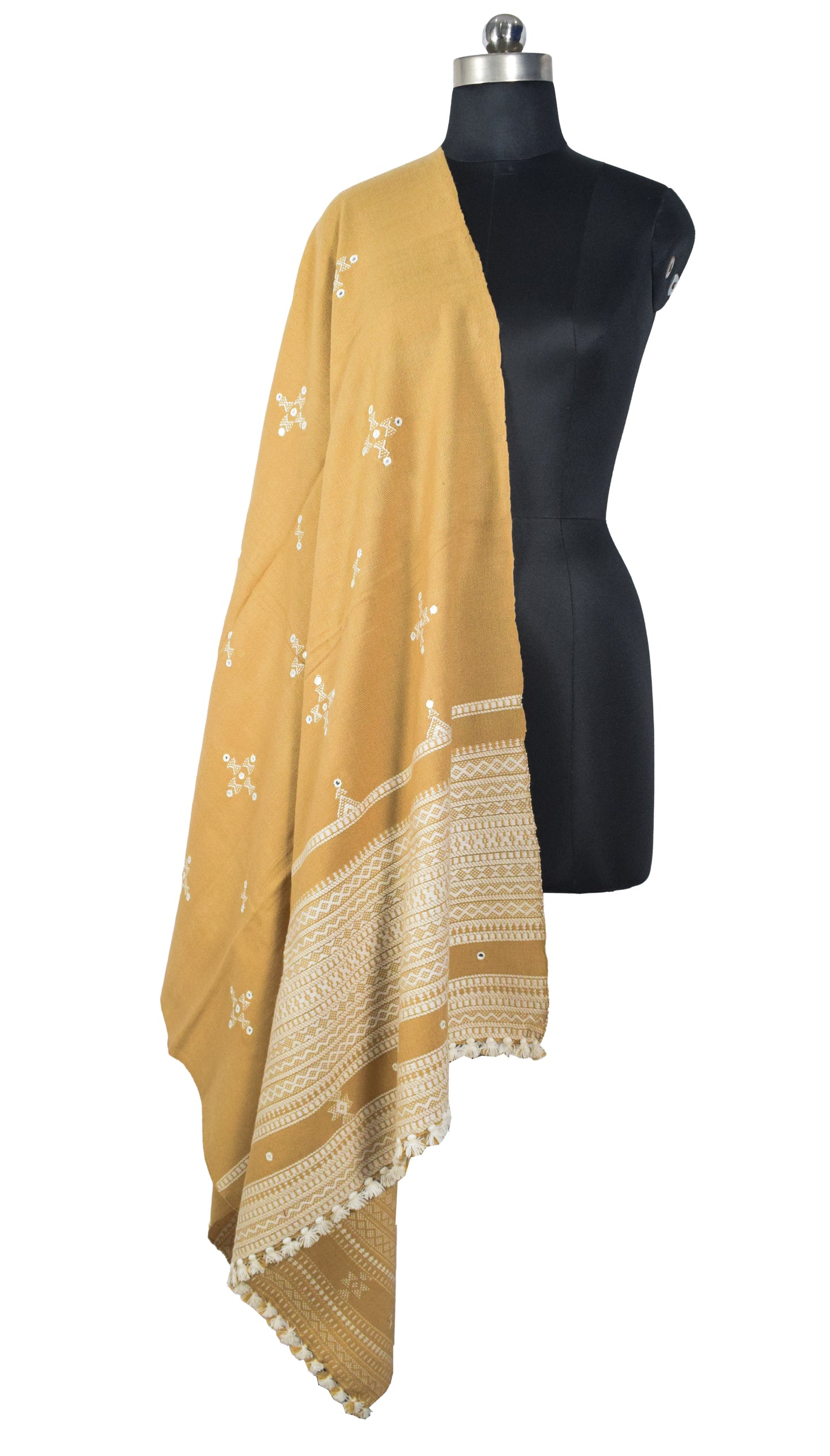 Simple Mirror Work Wool Hand Embroidered Shawl with Tassels - 2.1 Mtr Length   -  SKU : BM17101A