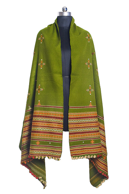 Simple Mirror Work Wool Hand Embroidered Shawl with Tassels - 2.1 Mtr Length    -  SKU : BM07C01E