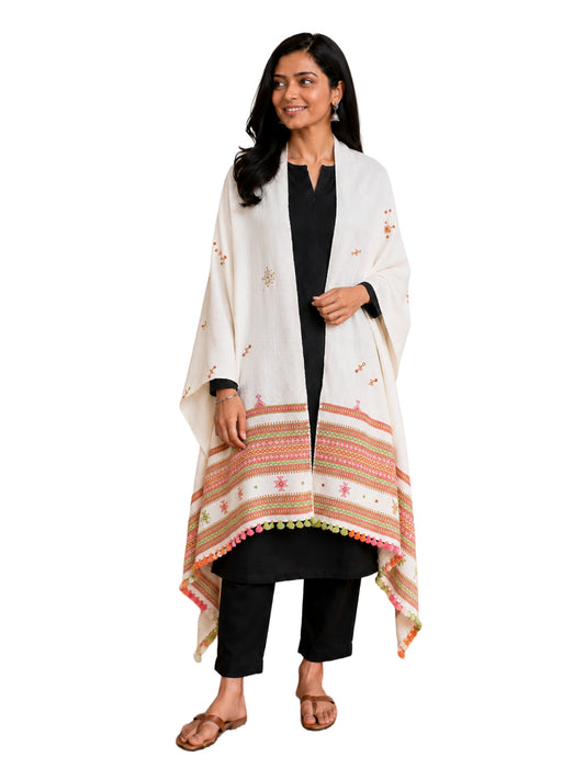 Simple Mirror Work Wool Hand Embroidered Shawl with Tassels - 2.1 Mtr Length    -  SKU : BM10A01D