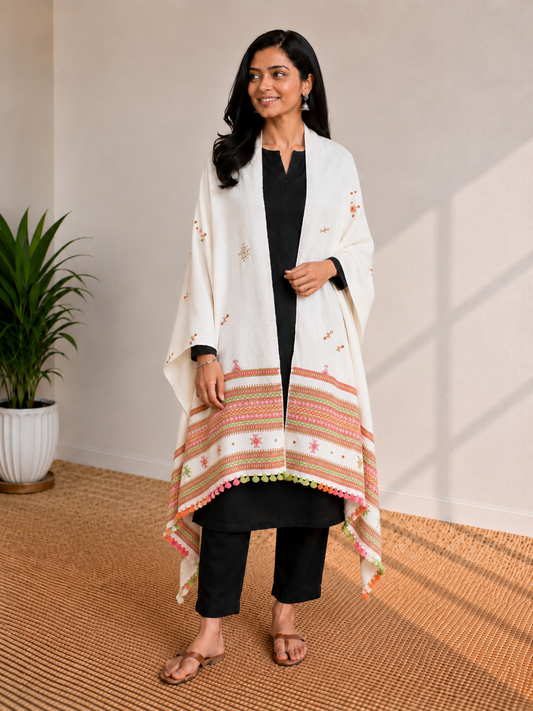 Simple Mirror Work Wool Hand Embroidered Shawl with Tassels - 2.1 Mtr Length    -  SKU : BM10A01D