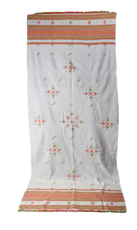 Simple Mirror Work Wool Hand Embroidered Shawl with Tassels - 2.1 Mtr Length    -  SKU : BM10A01D