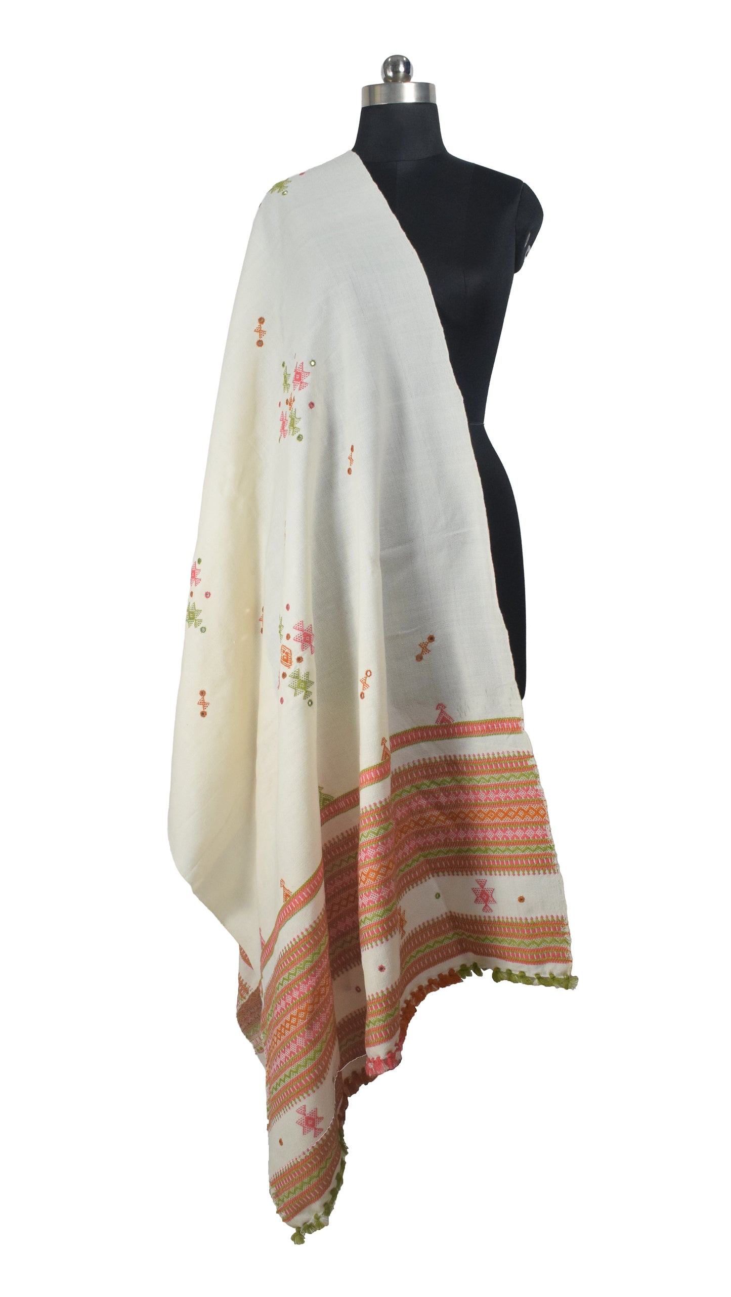 Simple Mirror Work Wool Hand Embroidered Shawl with Tassels - 2.1 Mtr Length    -  SKU : BM10A01D