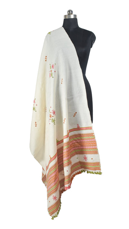 Simple Mirror Work Wool Hand Embroidered Shawl with Tassels - 2.1 Mtr Length    -  SKU : BM10A01D