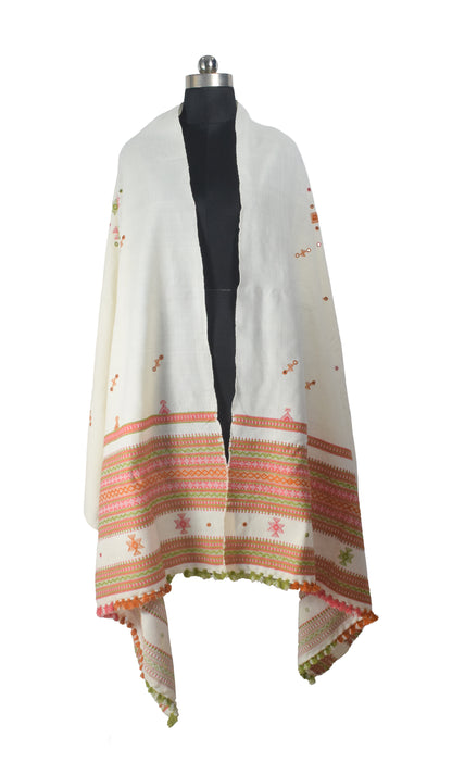 Simple Mirror Work Wool Hand Embroidered Shawl with Tassels - 2.1 Mtr Length    -  SKU : BM10A01D