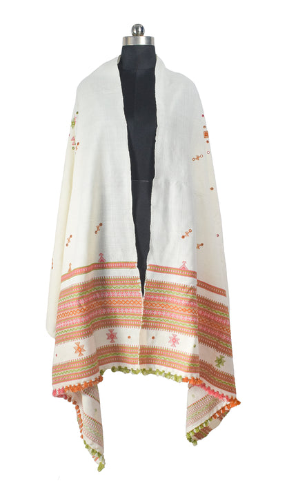 Simple Mirror Work Wool Hand Embroidered Shawl with Tassels - 2.1 Mtr Length    -  SKU : BM10A01D