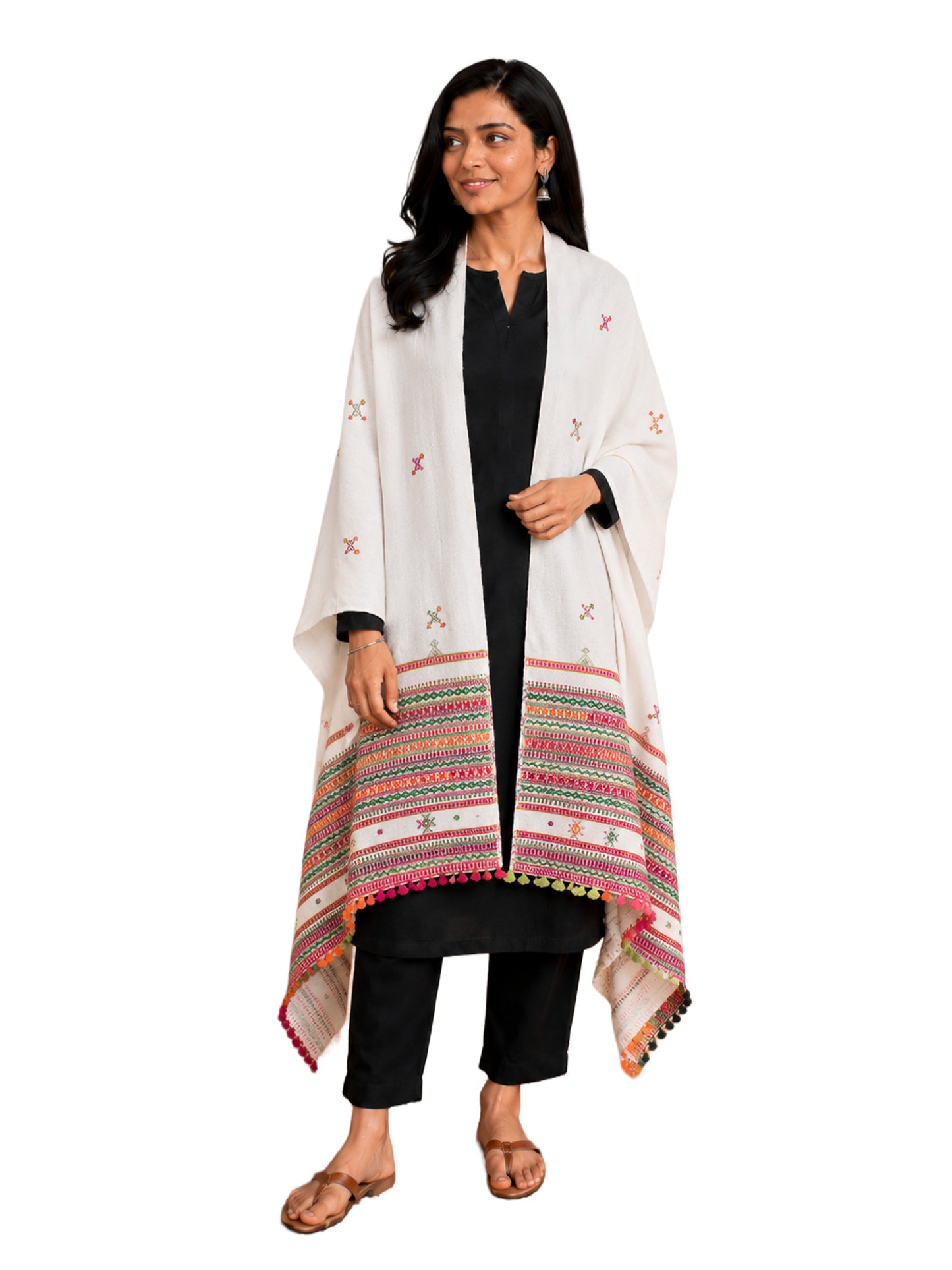 Simple Mirror Work Wool Hand Embroidered Shawl with Tassels - 2.1 Mtr Length    -  SKU : BM27A01A