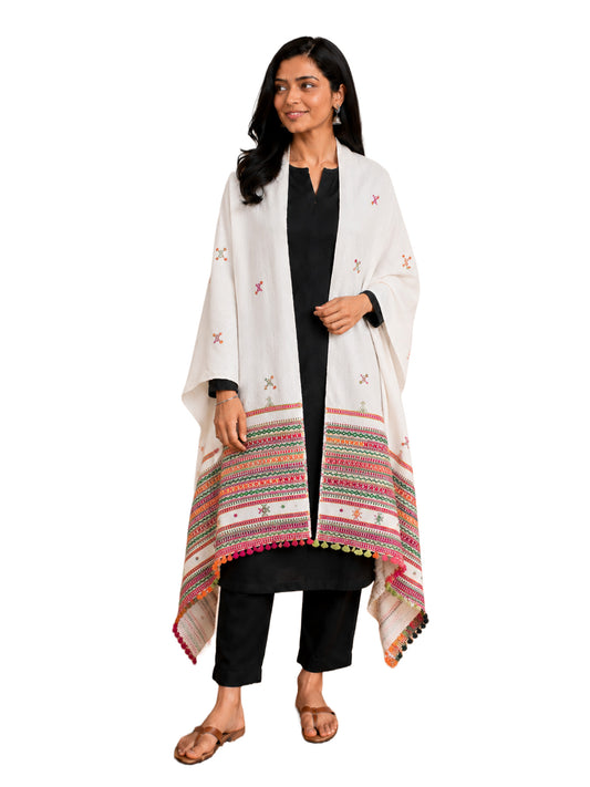Simple Mirror Work Wool Hand Embroidered Shawl with Tassels - 2.1 Mtr Length    -  SKU : BM27A01A