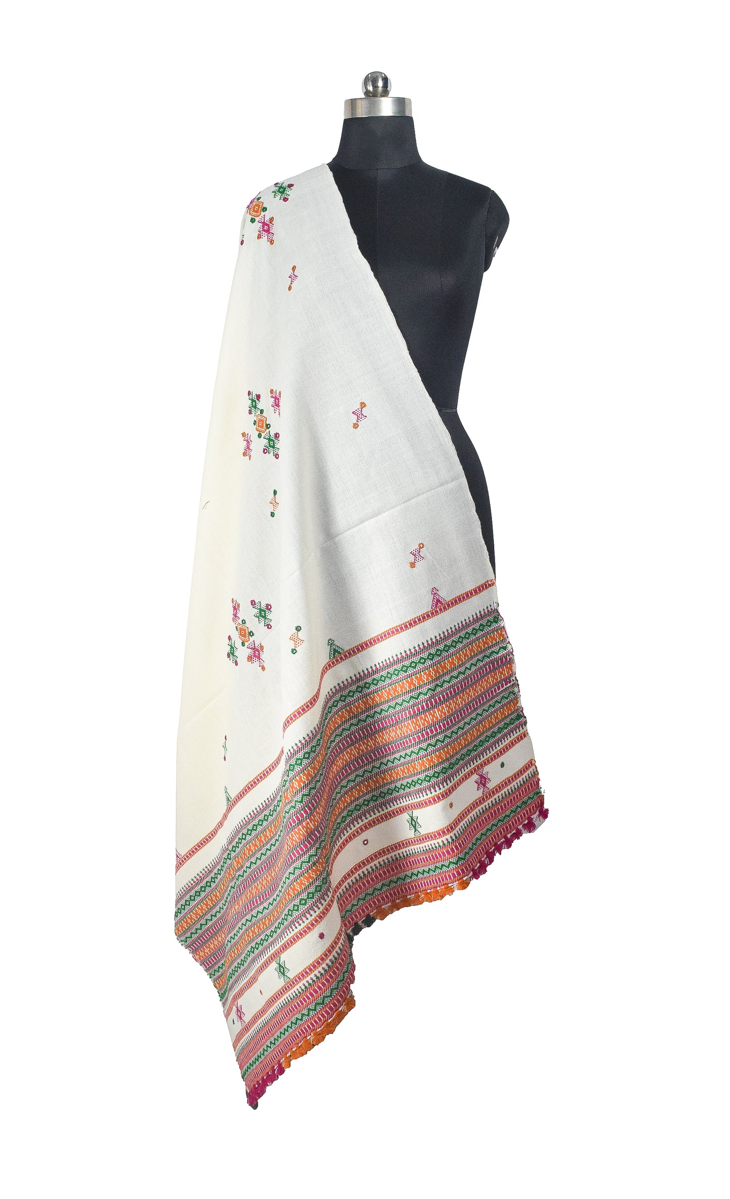 Simple Mirror Work Wool Hand Embroidered Shawl with Tassels - 2.1 Mtr Length    -  SKU : BM27A01A