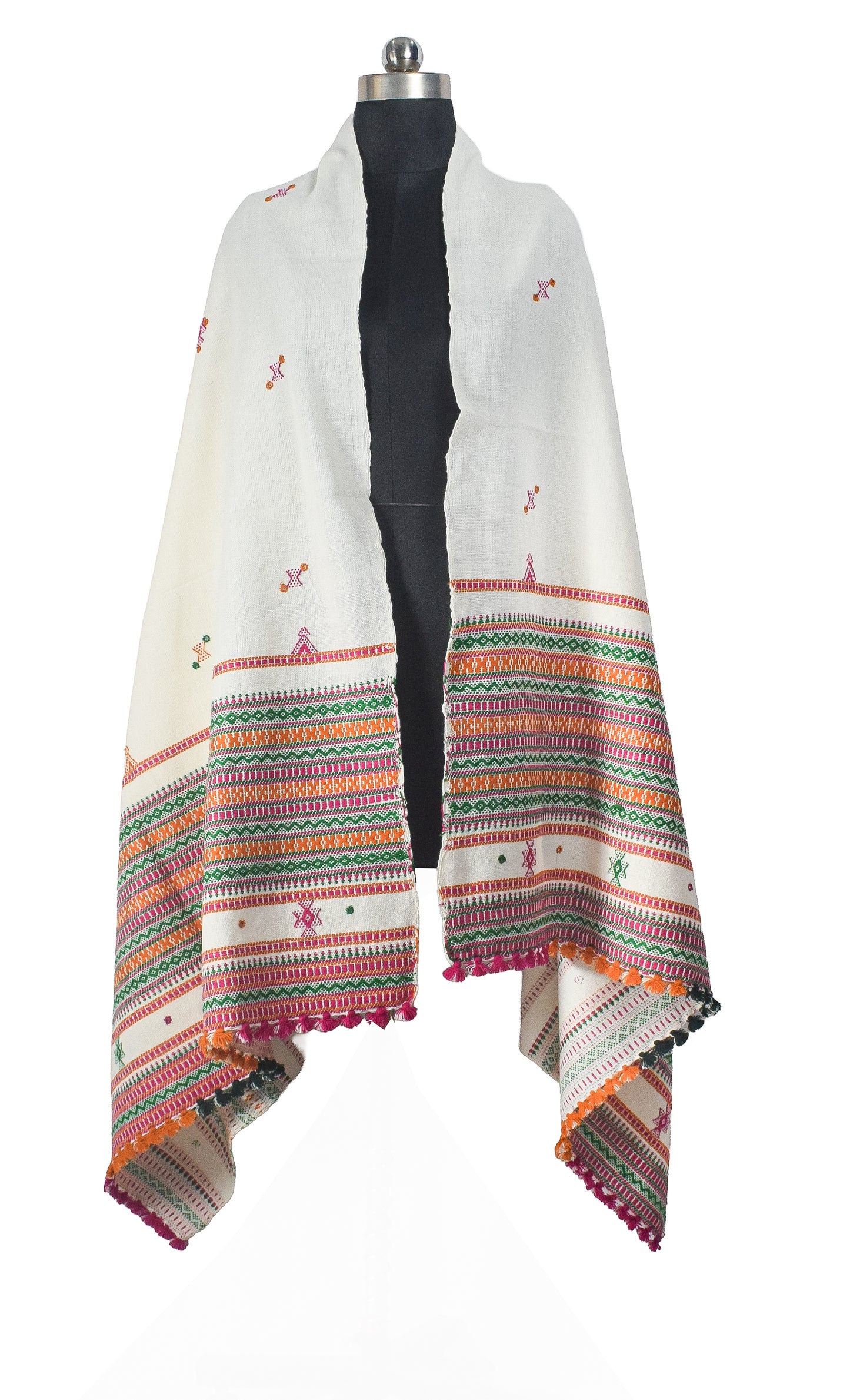 Simple Mirror Work Wool Hand Embroidered Shawl with Tassels - 2.1 Mtr Length    -  SKU : BM27A01A
