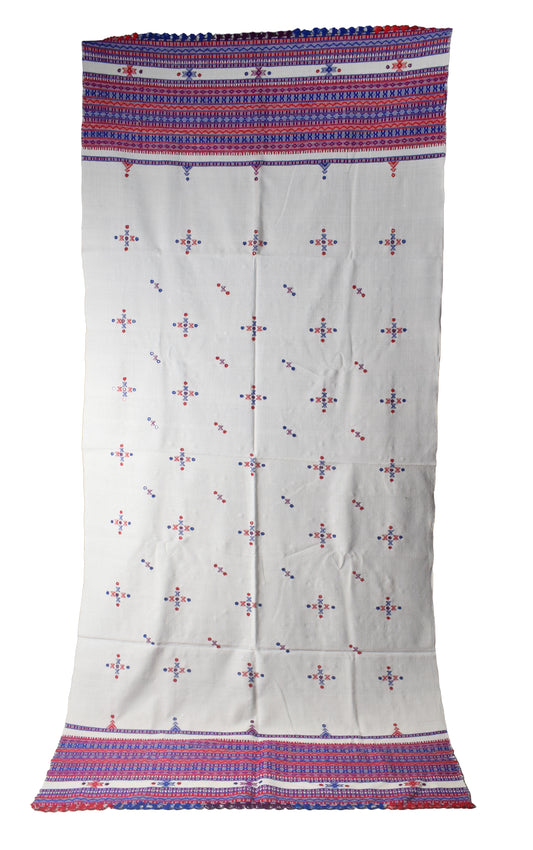 Simple Mirror Work Wool Hand Embroidered Shawl with Tassels - 2.1 Mtr Length    -  SKU : BM27A01B