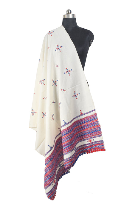 Simple Mirror Work Wool Hand Embroidered Shawl with Tassels - 2.1 Mtr Length    -  SKU : BM27A01B