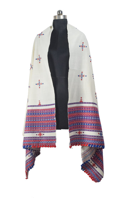 Simple Mirror Work Wool Hand Embroidered Shawl with Tassels - 2.1 Mtr Length    -  SKU : BM27A01B