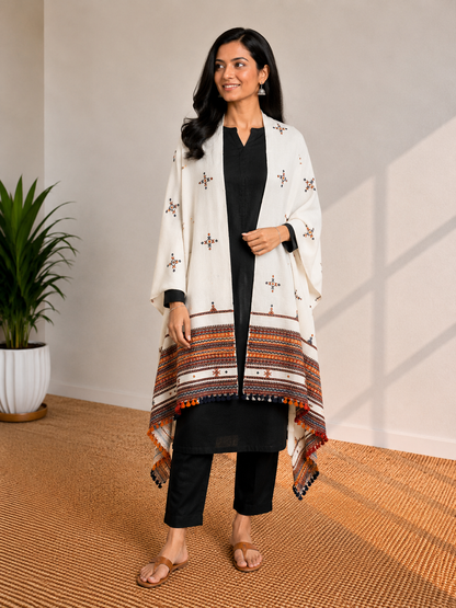 Simple Mirror Work Wool Hand Embroidered Shawl with Tassels - 2.1 Mtr Length    -  SKU : BM27A01D