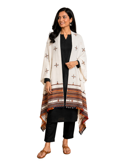 Simple Mirror Work Wool Hand Embroidered Shawl with Tassels - 2.1 Mtr Length    -  SKU : BM27A01D