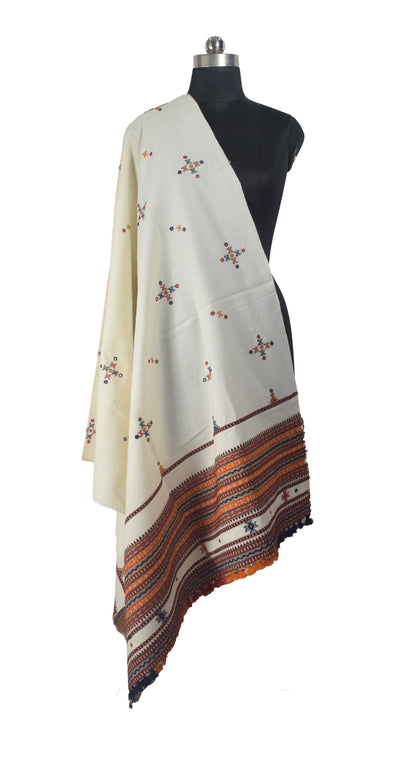 Simple Mirror Work Wool Hand Embroidered Shawl with Tassels - 2.1 Mtr Length    -  SKU : BM27A01D