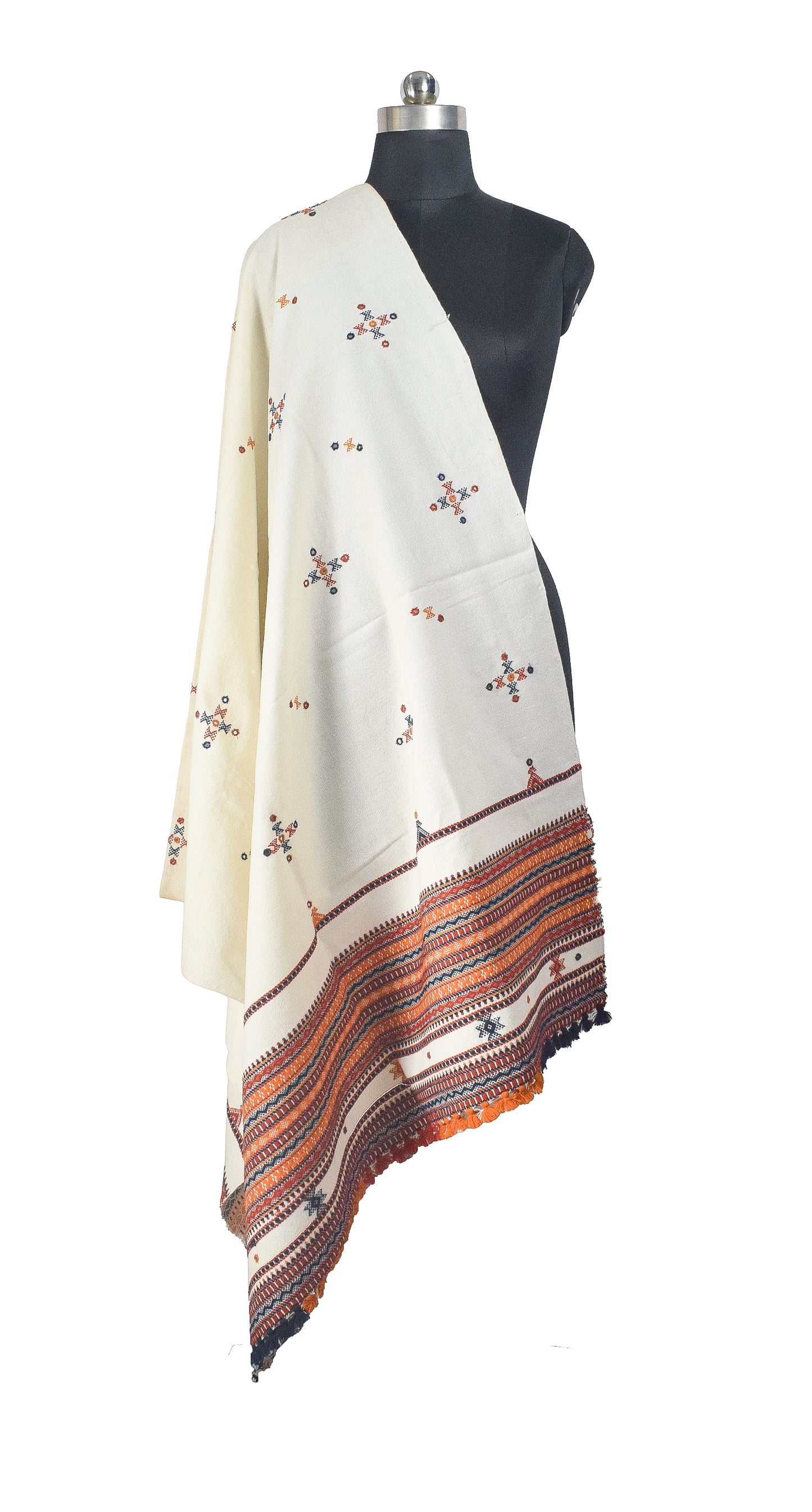 Simple Mirror Work Wool Hand Embroidered Shawl with Tassels - 2.1 Mtr Length    -  SKU : BM27A01D