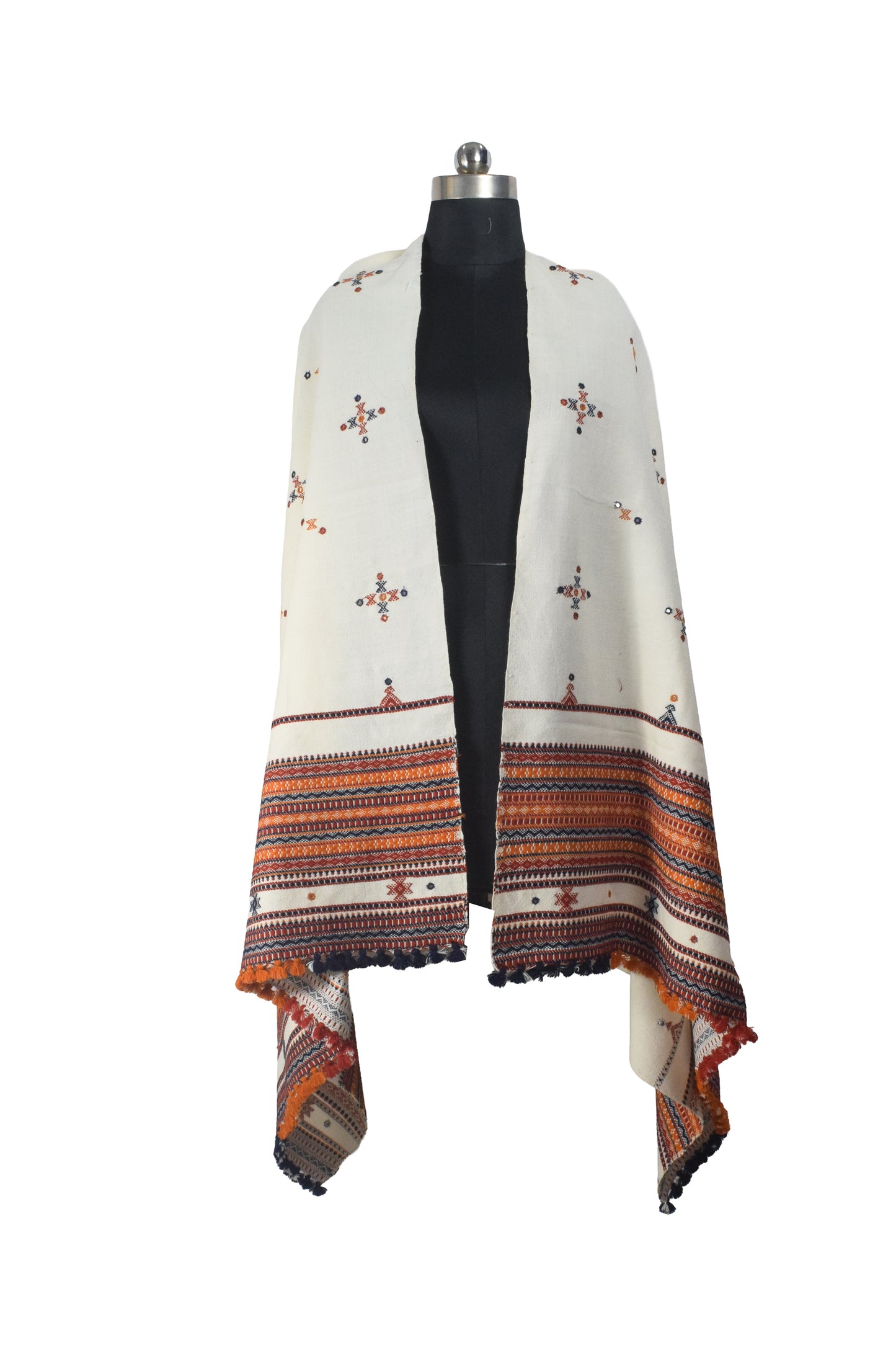 Simple Mirror Work Wool Hand Embroidered Shawl with Tassels - 2.1 Mtr Length    -  SKU : BM27A01D