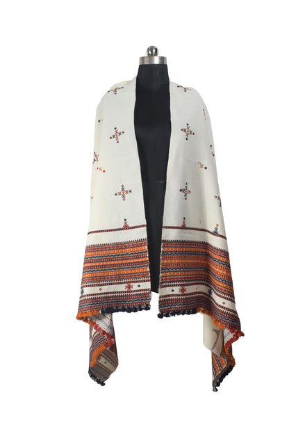 Simple Mirror Work Wool Hand Embroidered Shawl with Tassels - 2.1 Mtr Length    -  SKU : BM27A01D