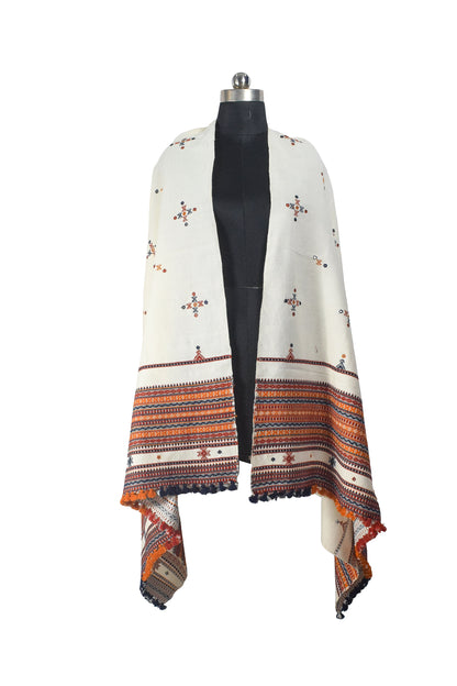 Simple Mirror Work Wool Hand Embroidered Shawl with Tassels - 2.1 Mtr Length    -  SKU : BM27A01D