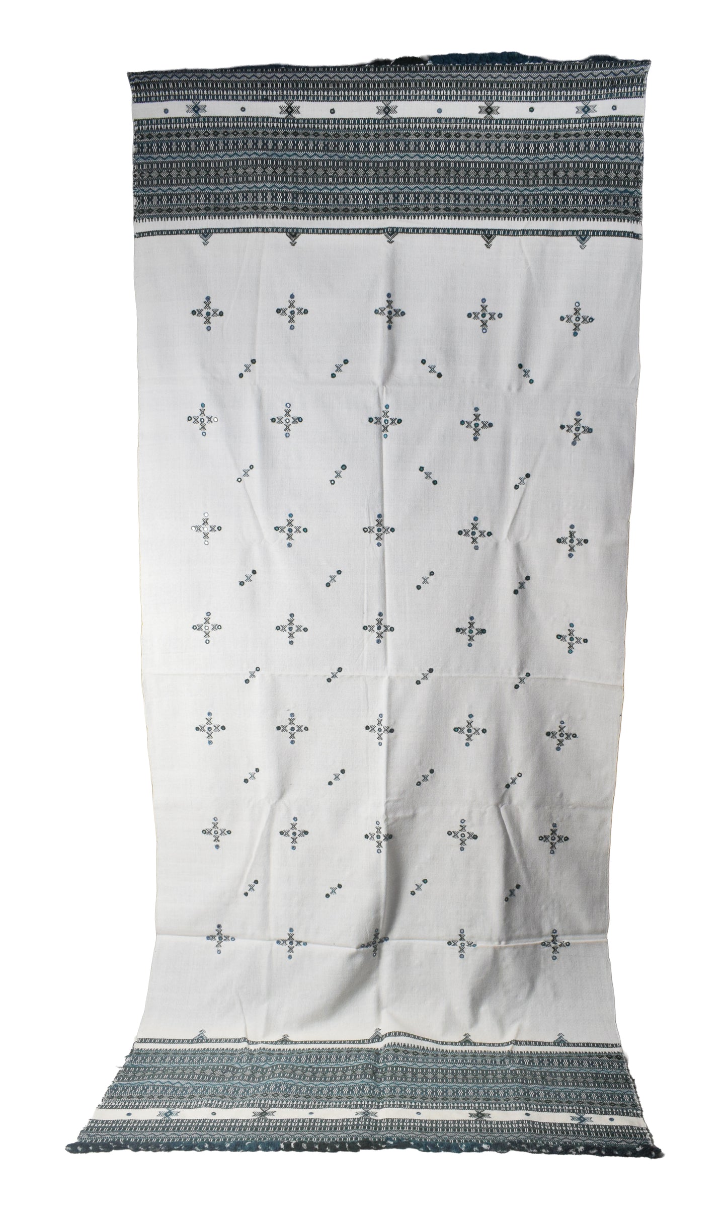 Simple Mirror Work Wool Hand Embroidered Shawl with Tassels - 2.1 Mtr Length    -  SKU : BM27A01E