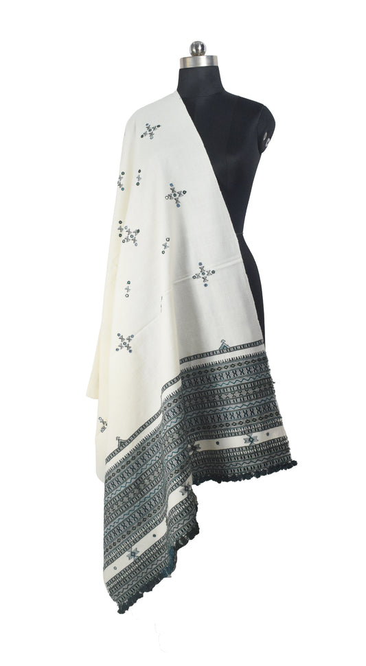 Simple Mirror Work Wool Hand Embroidered Shawl with Tassels - 2.1 Mtr Length    -  SKU : BM27A01E