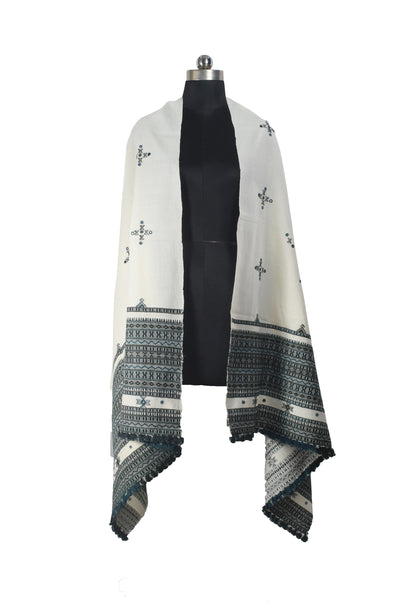 Simple Mirror Work Wool Hand Embroidered Shawl with Tassels - 2.1 Mtr Length    -  SKU : BM27A01E