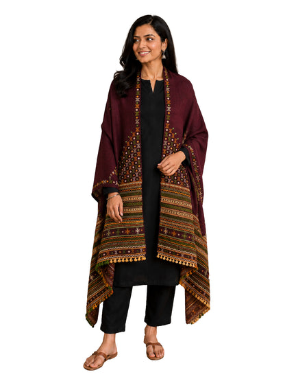 Mirror Work Wool Hand Embroidered Shawl with Tassels - 2.1 Mtr Length    -  SKU : BM20B02B