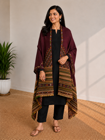 Mirror Work Wool Hand Embroidered Shawl with Tassels - 2.1 Mtr Length    -  SKU : BM20B02B