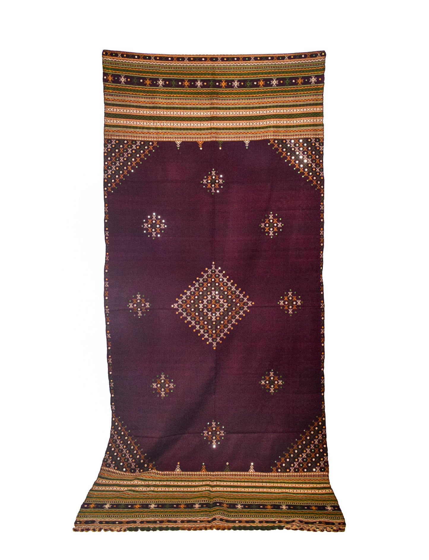 Mirror Work Wool Hand Embroidered Shawl with Tassels - 2.1 Mtr Length    -  SKU : BM20B02B