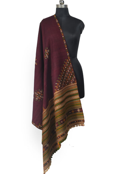 Mirror Work Wool Hand Embroidered Shawl with Tassels - 2.1 Mtr Length    -  SKU : BM20B02B