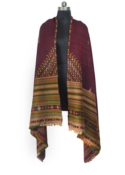 Mirror Work Wool Hand Embroidered Shawl with Tassels - 2.1 Mtr Length    -  SKU : BM20B02B