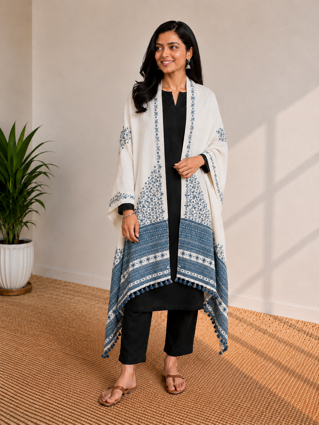 Mirror Work Wool Hand Embroidered Shawl with Tassels - 2.1 Mtr Length    -  SKU : BM20B02C