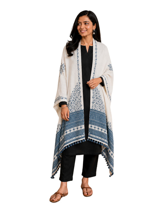 Mirror Work Wool Hand Embroidered Shawl with Tassels - 2.1 Mtr Length    -  SKU : BM20B02C