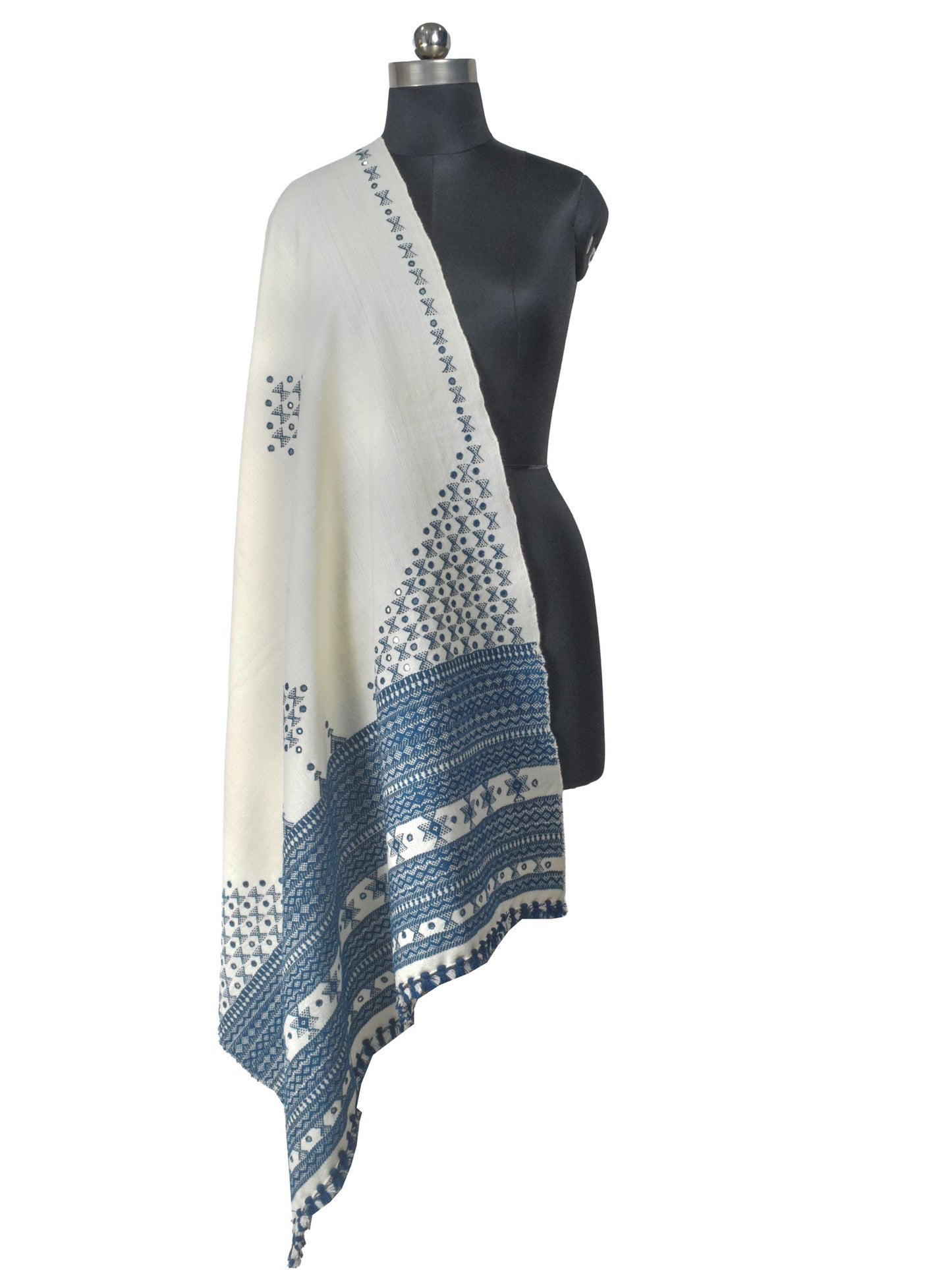 Mirror Work Wool Hand Embroidered Shawl with Tassels - 2.1 Mtr Length    -  SKU : BM20B02C