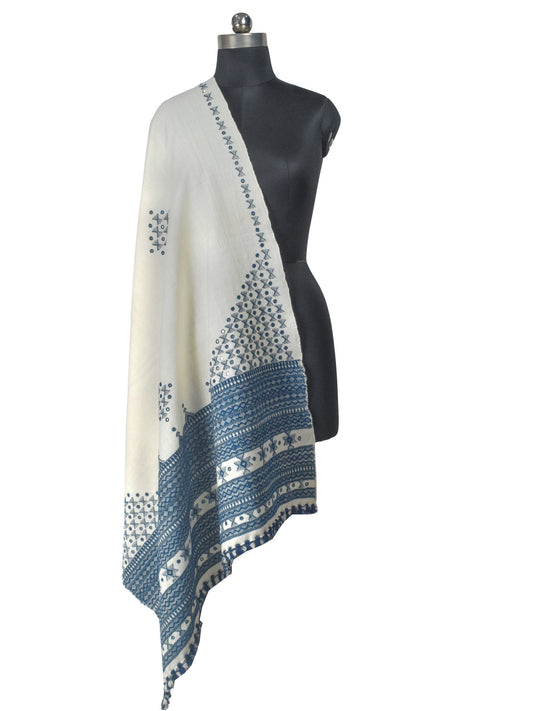 Mirror Work Wool Hand Embroidered Shawl with Tassels - 2.1 Mtr Length    -  SKU : BM20B02C