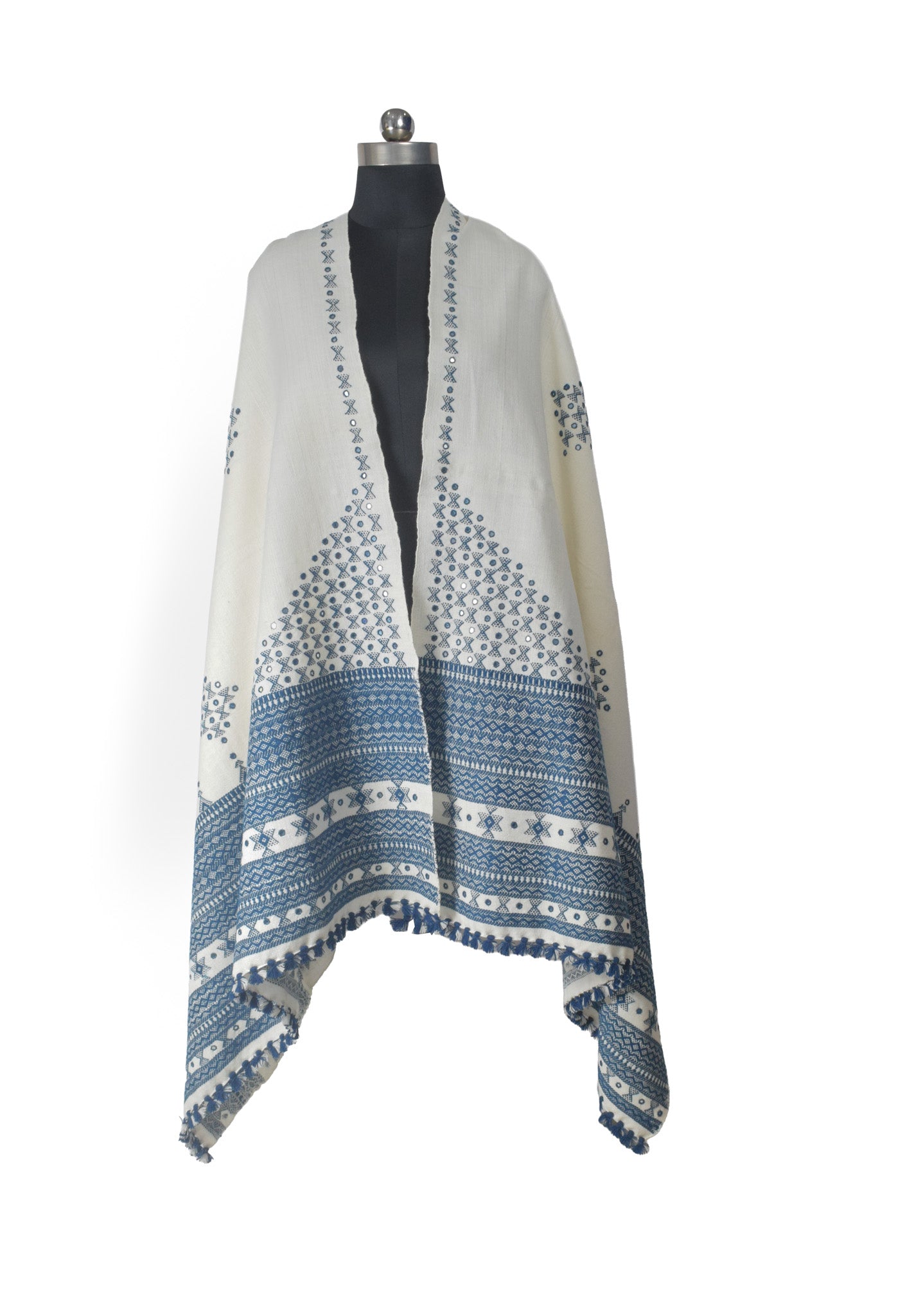 Mirror Work Wool Hand Embroidered Shawl with Tassels - 2.1 Mtr Length    -  SKU : BM20B02C