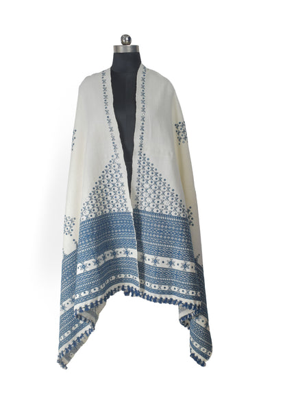 Mirror Work Wool Hand Embroidered Shawl with Tassels - 2.1 Mtr Length    -  SKU : BM20B02C