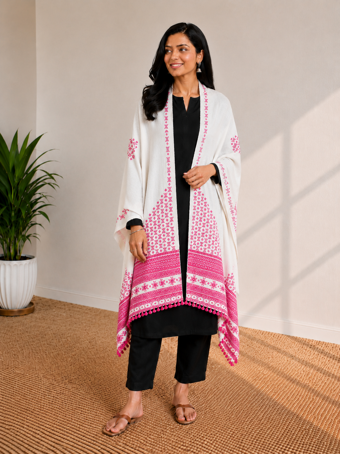 Mirror Work Wool Hand Embroidered Shawl with Tassels - 2.1 Mtr Length    -  SKU : BM20B02D